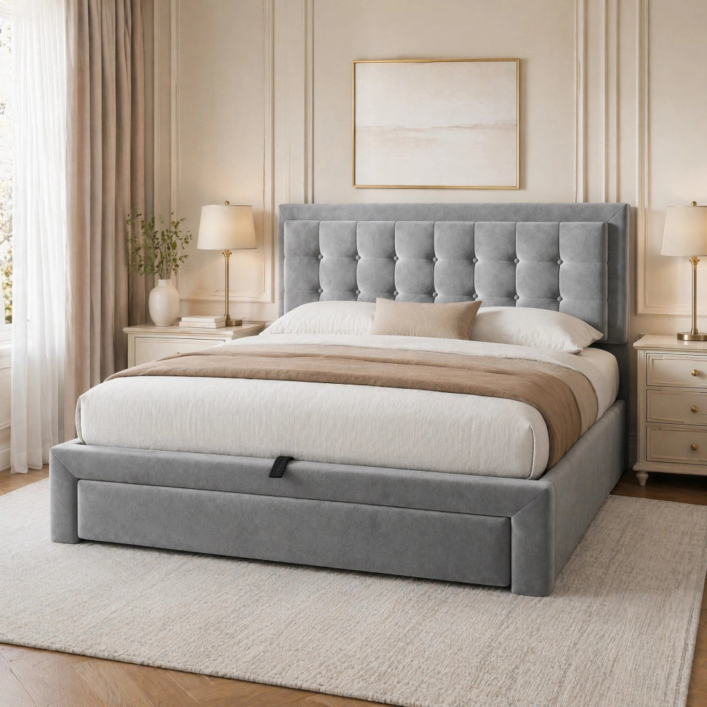 Letto matrimoniale imbottito 140x190 cm in velluto grigio con contenitore e testiera regolabile