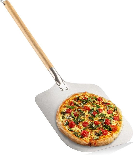 Spiedino per pizza in acciaio inossidabile 430 con manico rimovibile - adatto per pizza tarte flambée panini e pane - manico in legno - finitura argento-nera - forma angolata