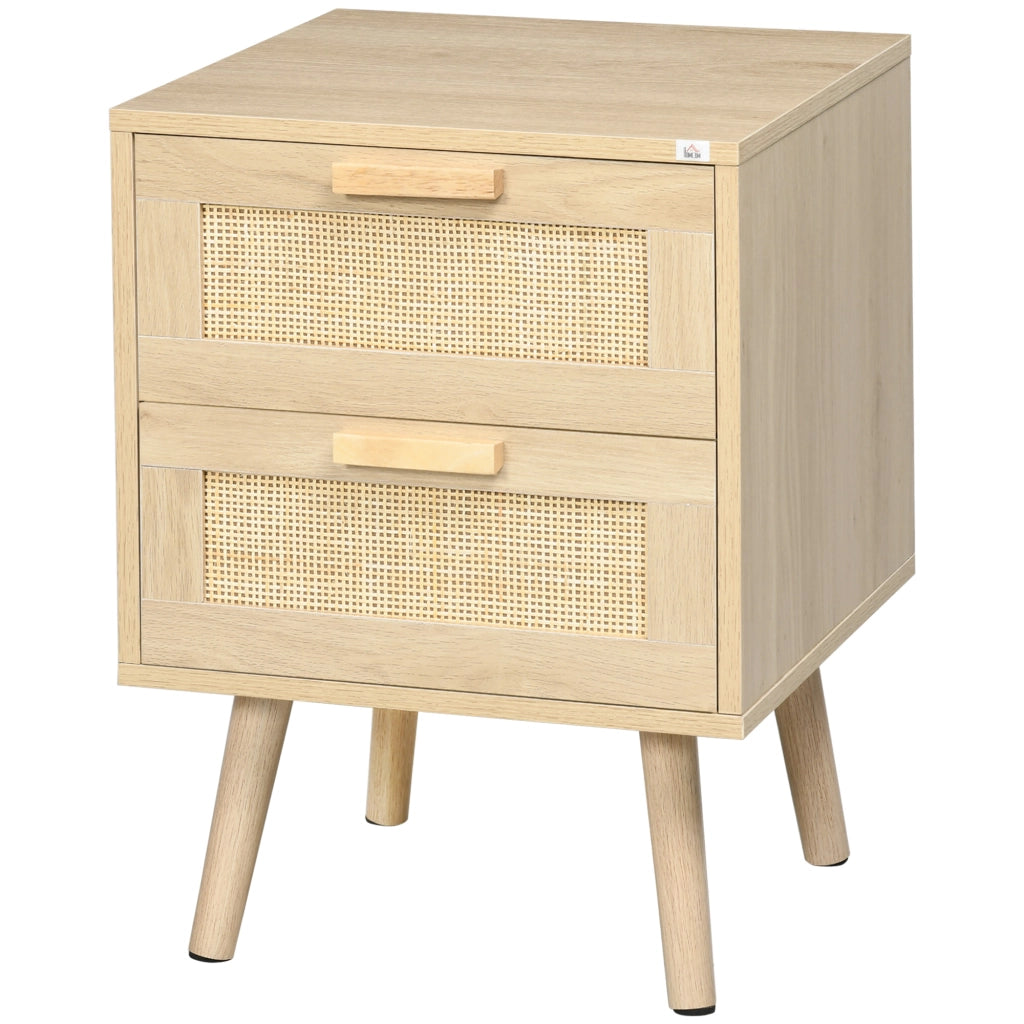 Comodino per Camera da Letto con 2 Cassetti in Stile Boho, 40x40x56cm, Colore Legno Naturale