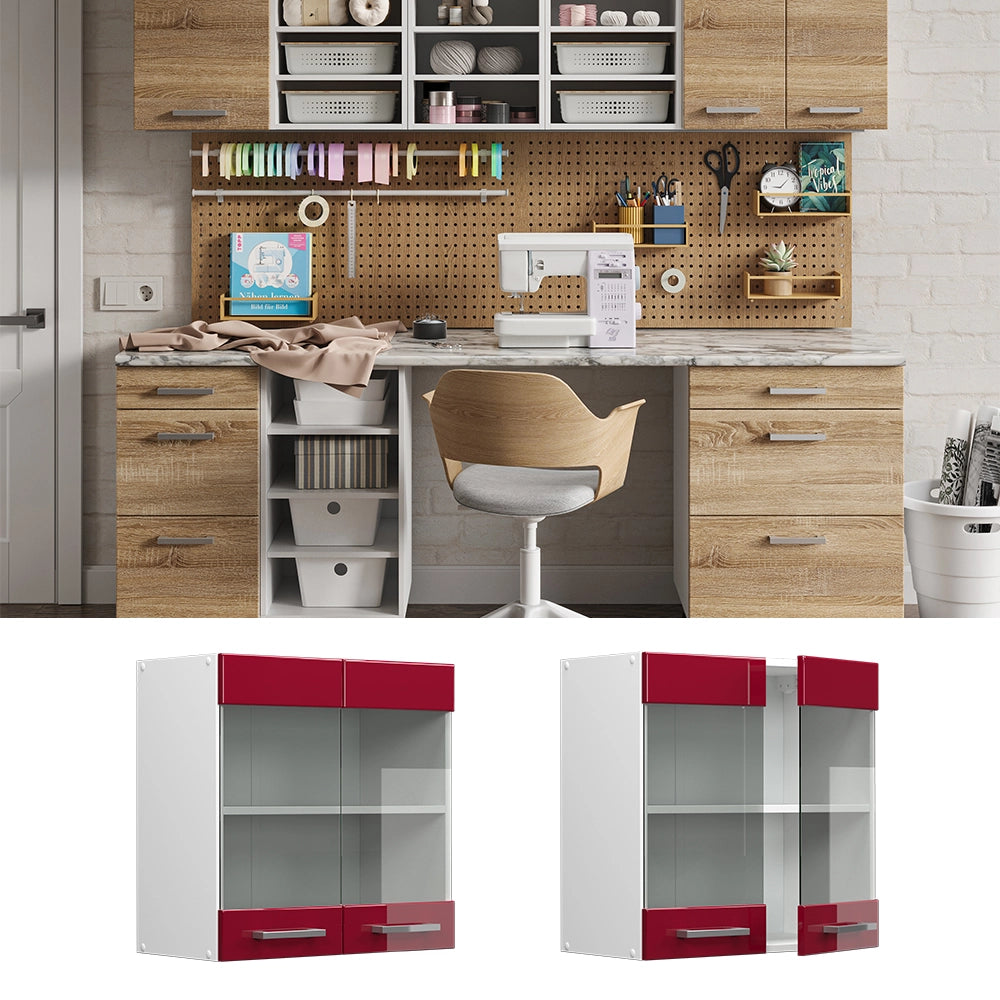 Vicco Pensile universale Rosso bordeaux lucido 60 cm con ante in vetro