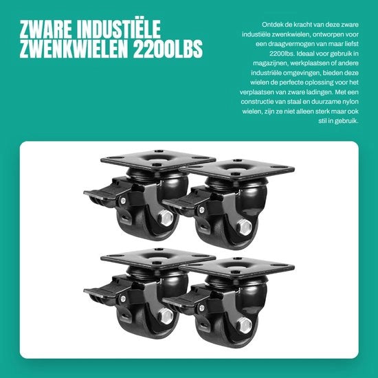 Set di ruote piantate da 4 - Zoccoli con freno - Portata di carico 1000 kg - Nylon resistente - Assorbimento degli urti - Costruzione in acciaio