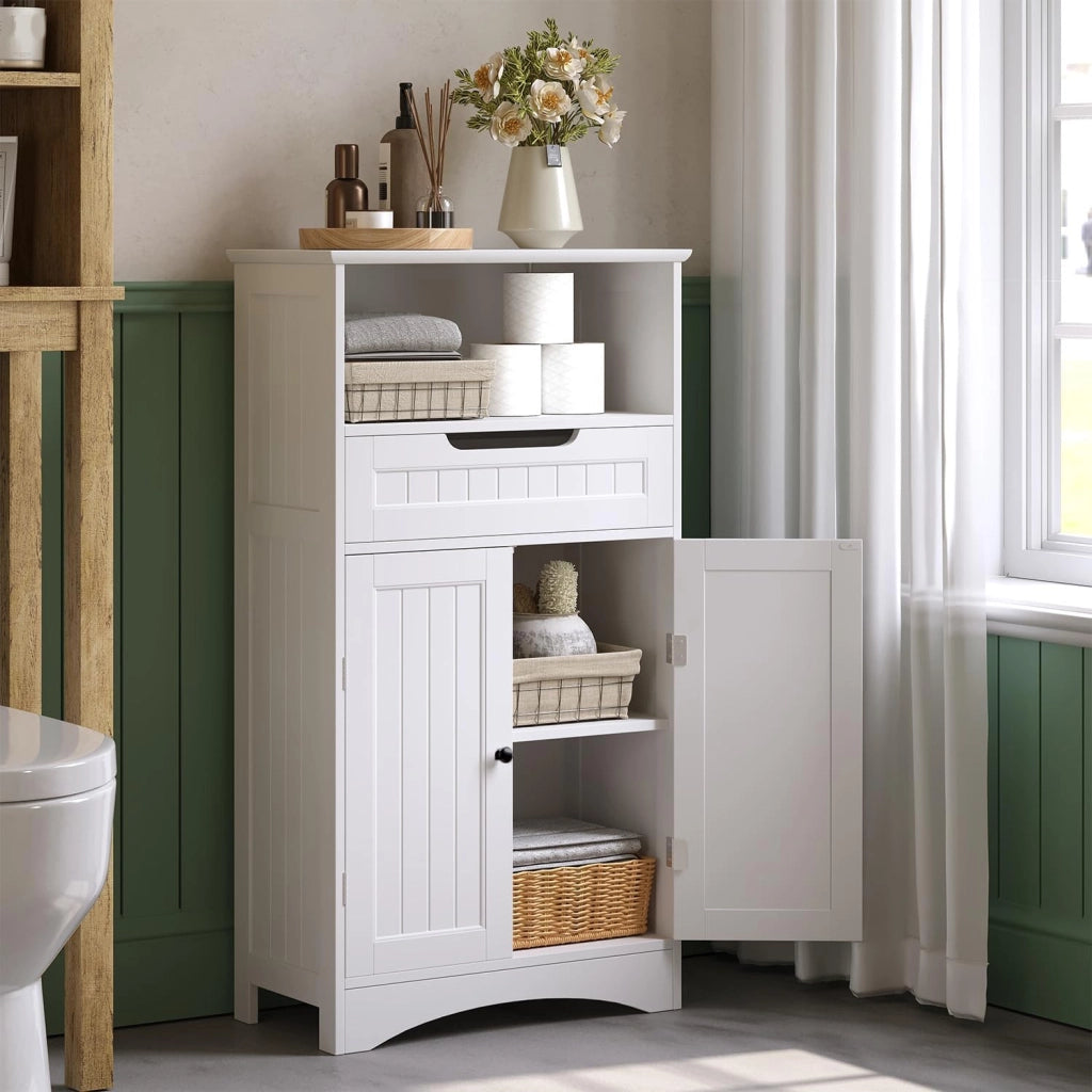 Mobiletto da bagno, mobiletto portaoggetti da bagno con 1 ripiano aperto, 1 cassetto e 1 ripiano da pavimento regolabile, per bagno, soggiorno, sala da pranzo, 60x30x108CM,Bianco