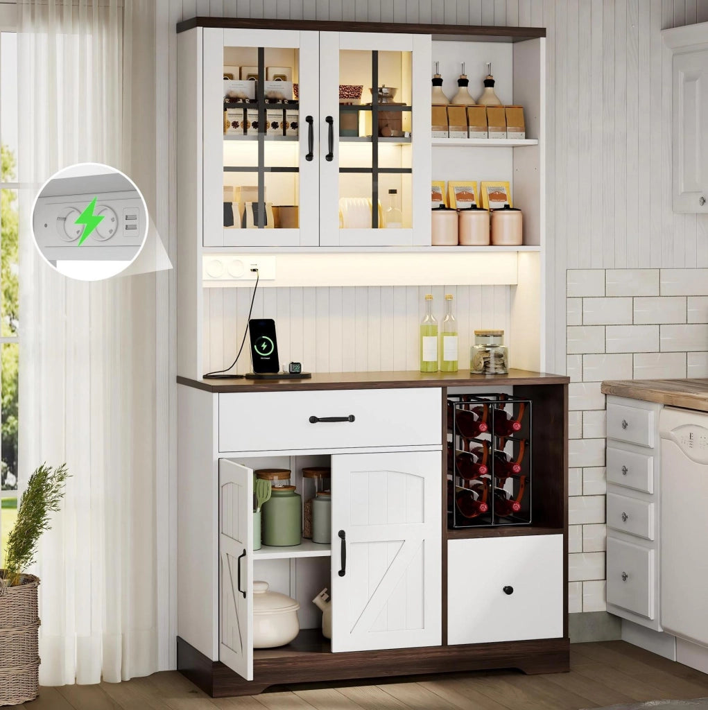Credenza 105x40x185 cm con LED a colori; prese e ante in vetro; MDF; naturale e bianco