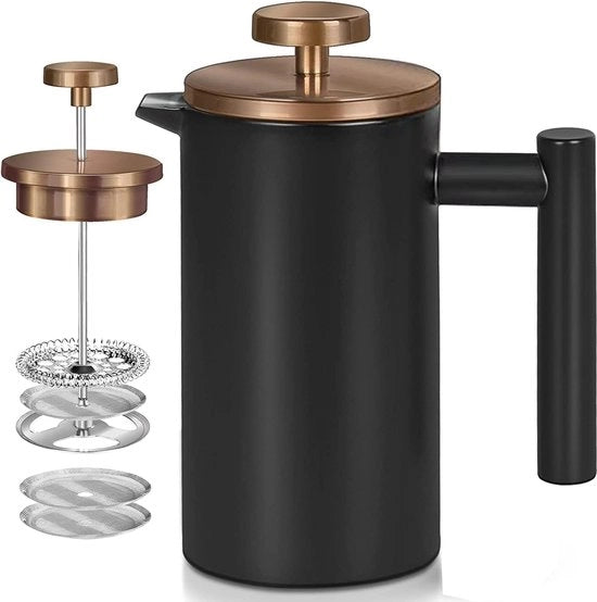 Caffettiera a stantuffo 1,5 litri, caffettiera a filtro, doppio strato, acciaio inossidabile, stantuffo a caffè francese con 2 set di filtro, nero, rosa oro, 1500 ml