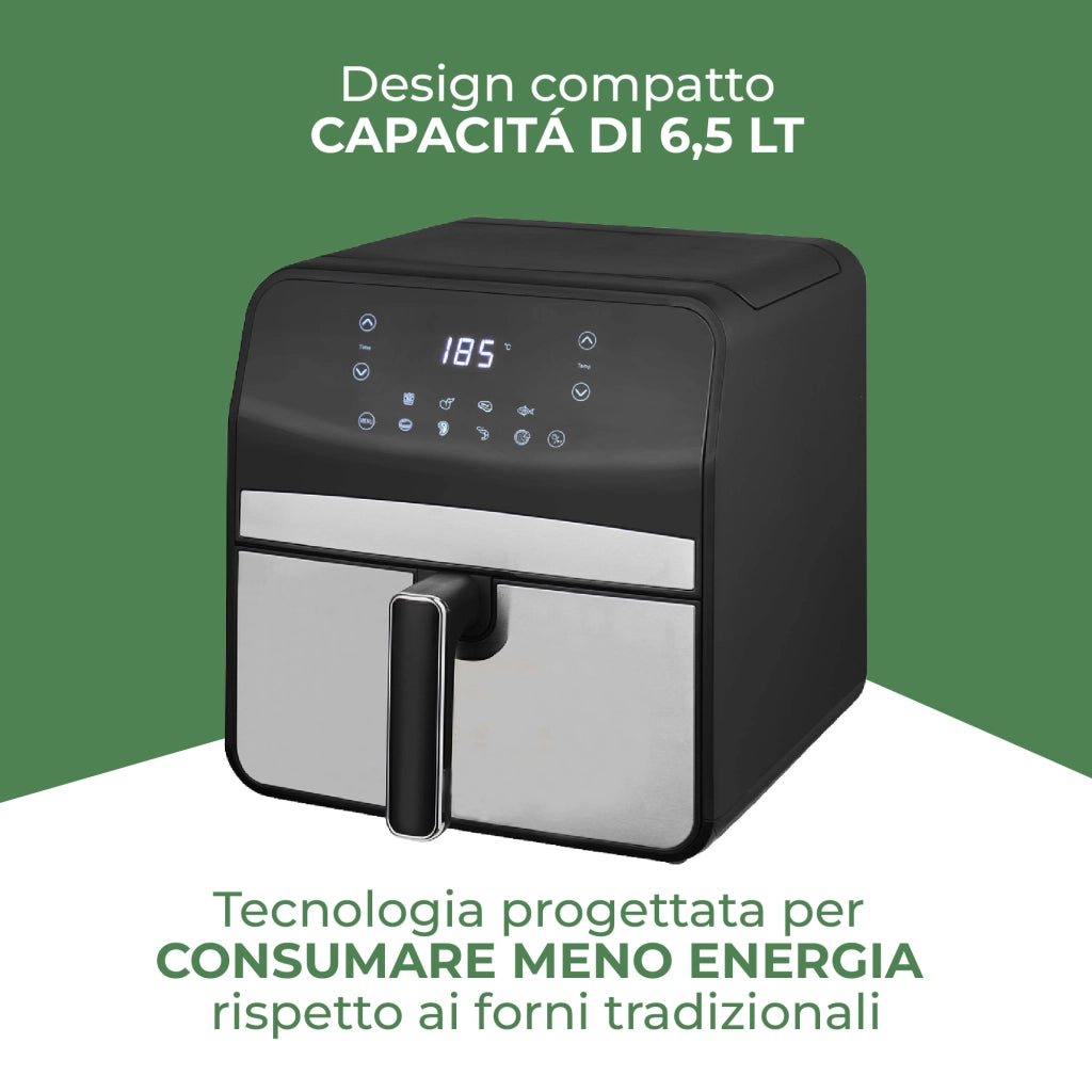 Friggitrice ad Aria 6,5L Digitale XL con Display LED Touch, 8 Programmi Automatici, Temperatura Regolabile fino a 200°C, Cestello Antiaderente, 1800W, Nero/Inox 6.5 Litri - Nero