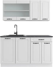 Cucina completa R-Line, Bianco casa di campagna, 140 cm senza piano di lavoro, adatto a spazi piccoli, espandibile in modo modulare