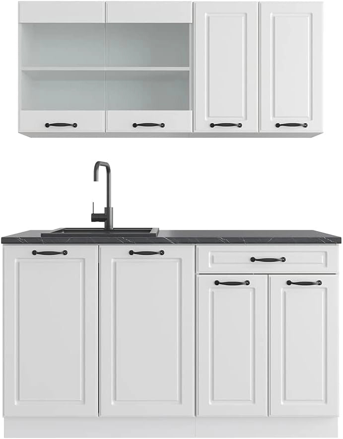 Cucina completa R-Line, Bianco casa di campagna, 140 cm senza piano di lavoro, adatto a spazi piccoli, espandibile in modo modulare