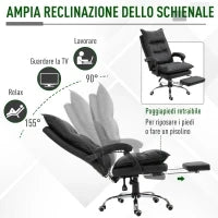Poltrona da Ufficio in Finta Pelle Nera, Sedia Direzionale Altezza Regolabile con Schiena Alta Reclinabile 155° e Poggiapiedi