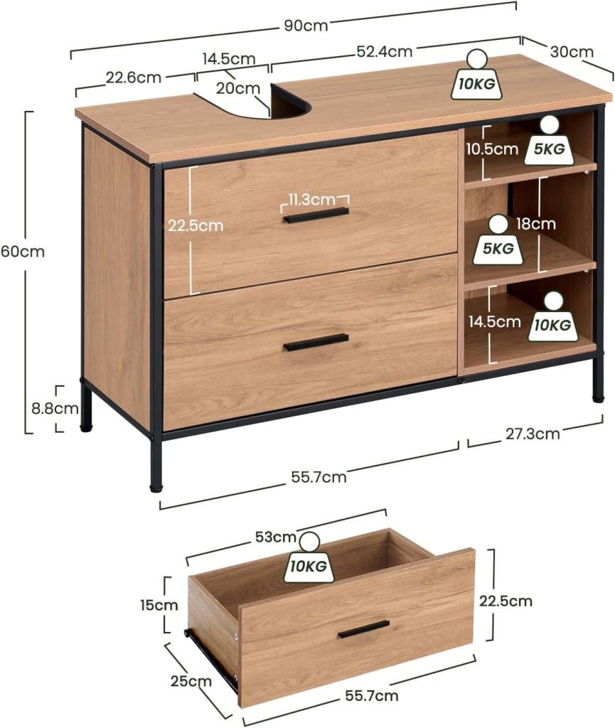Mobiletto Bagno, Mobiletto Portaoggetti, Mobile Sottolavello da Bagno con 2 Cassetti e 3 Vani a Giorno, Struttura in Metallo, Rovere Chiaro - Nero, 90x30x60 cm