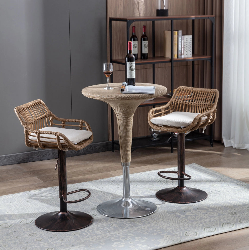 Set di 2 sgabelli da bar girevoli 360° regolabili in altezza; beige; con struttura in metallo e lino