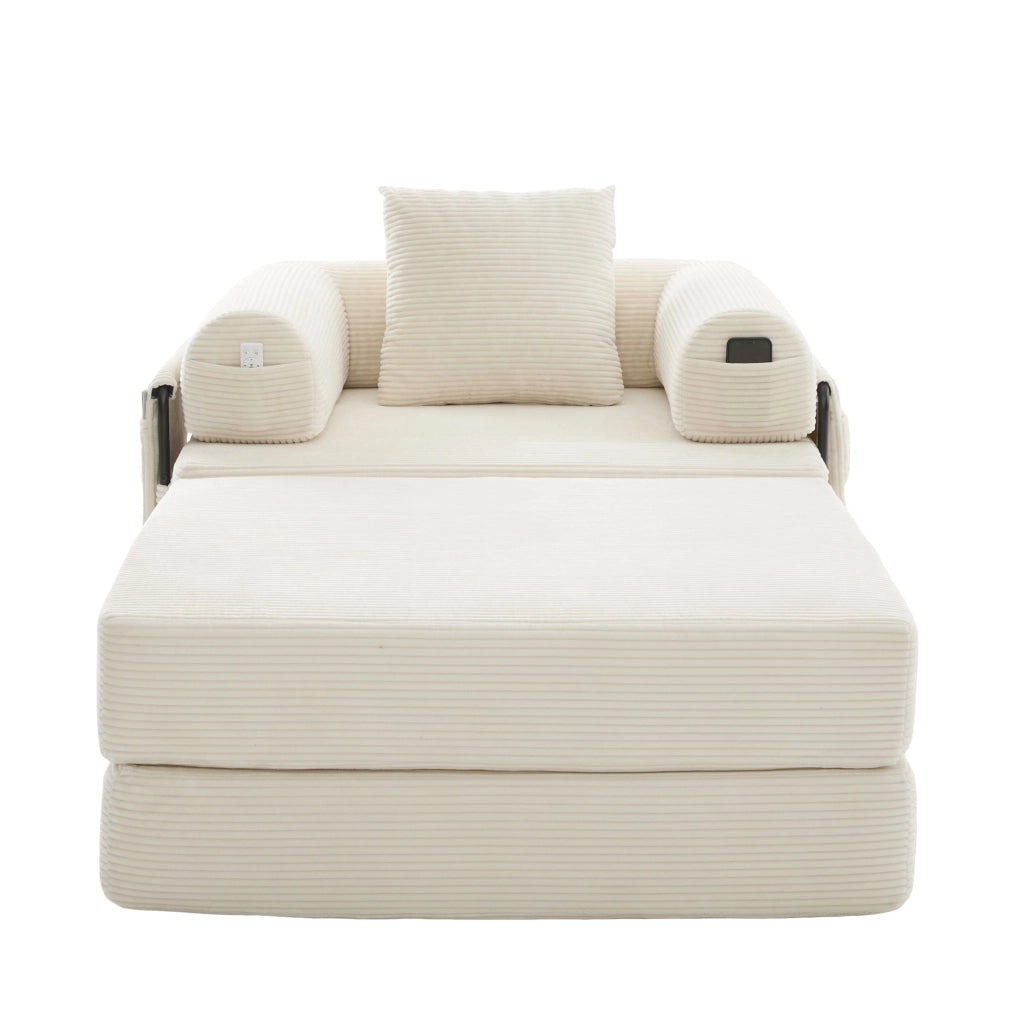 Divano modulare con tasca laterale e cuscino in velluto a coste beige