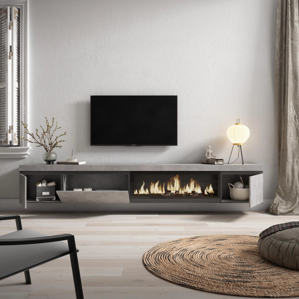 Mobile TV Soggiorno, 288x35x45cm, TV di grande formato, Camino elettrico XXL, da appendere, grigio cemento RF3619
