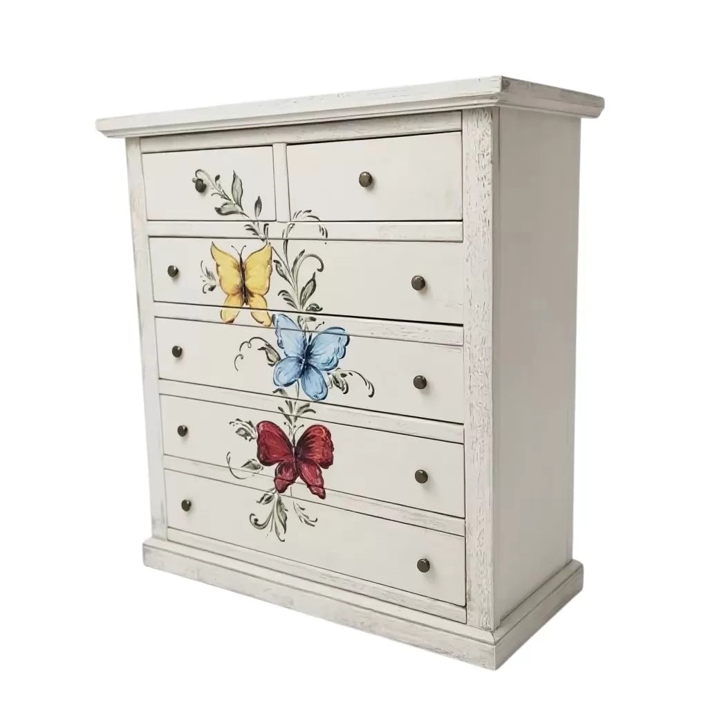 Cassettiera 6 cassetti in legno shabby bianco anticato decori farfalla 86x40x96 - Mobili 2G