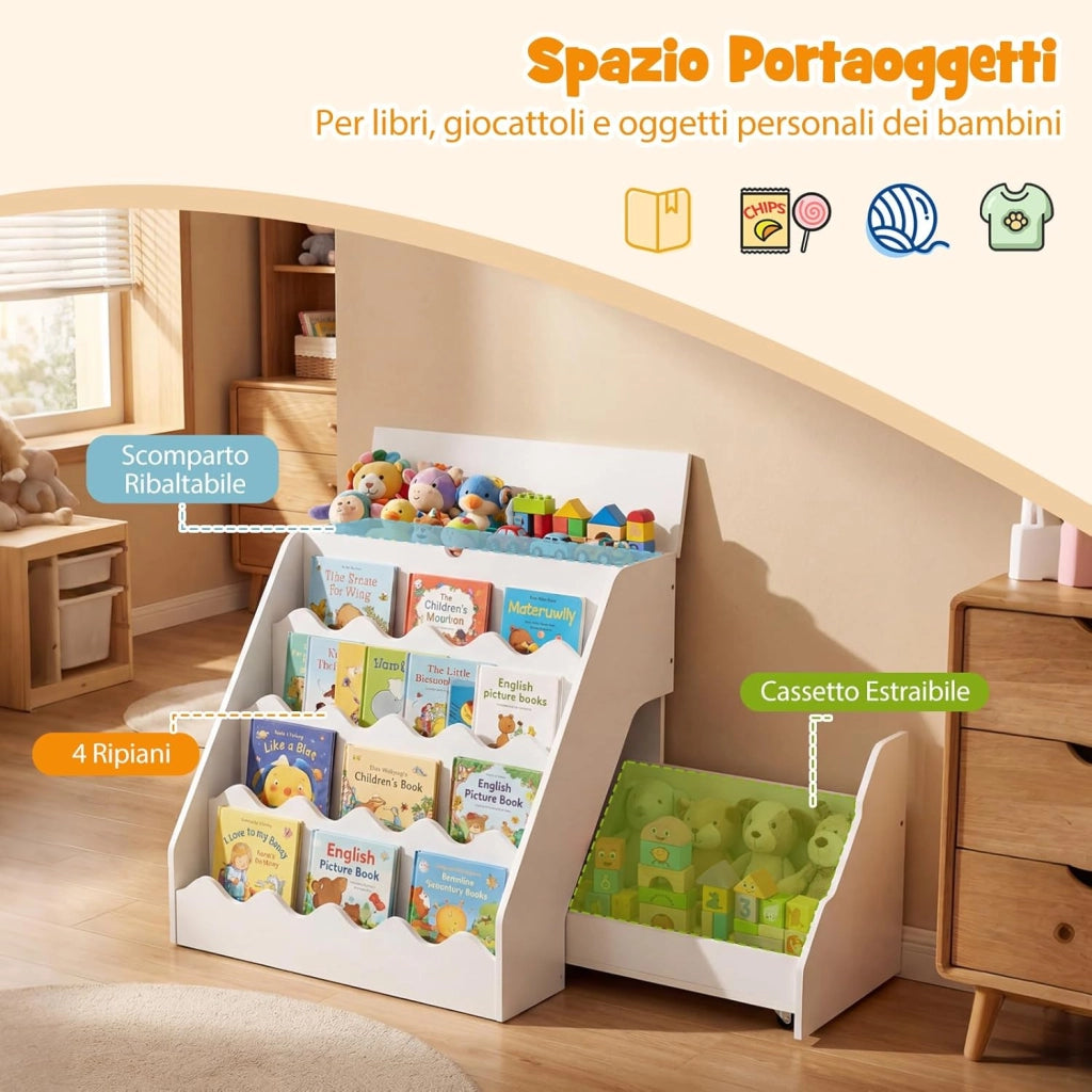 Libreria Montessoriana per Bambini 2in1, Scaffale per Libri a 4 Livelli con Carrello Portagiochi, Vano con Coperchio Ribaltabile, per Cameretta e Stanza dei Giochi, 63x49x61,5 cm (Bianco)