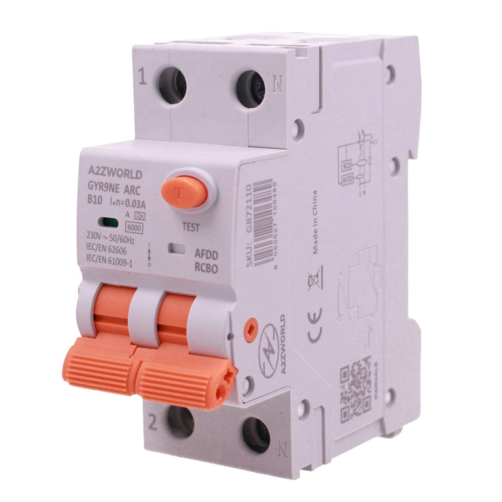 A2ZWORLD AFDD RCBO Interruttore Antincendio, Magnetotermico Differenziale con Rilevamento di Arco Elettrico, Tipo A Curva B, 1P+N 2M 6000A 30mA, AC 220V Doppia Leva GYR9NE-ARC (B10A)