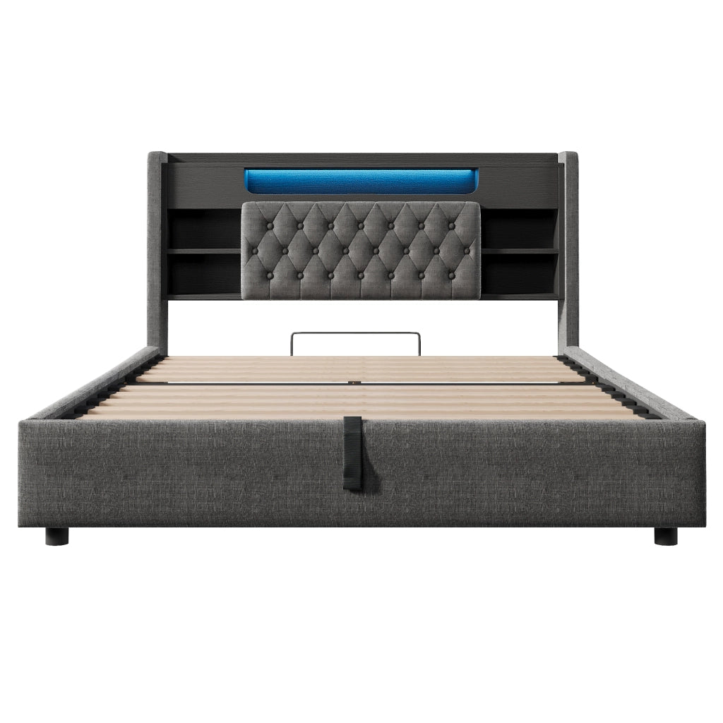 Letto contenitore 160 × 200 cm con illuminazione LED, USB e Type-C, testiera con ripiani, senza materasso, grigio