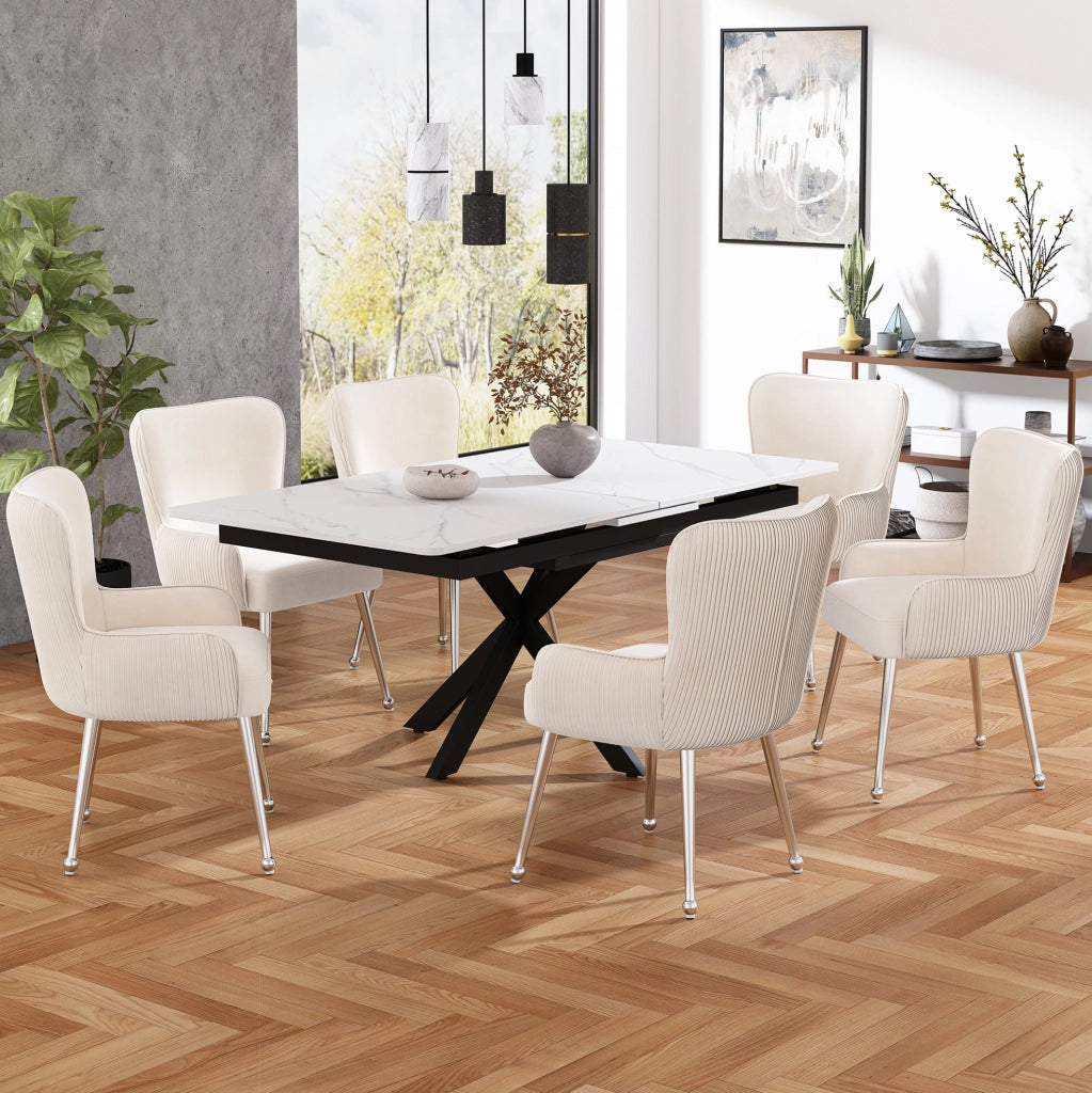 Set di 6 sedie in velluto con braccioli e supporto lombare beige