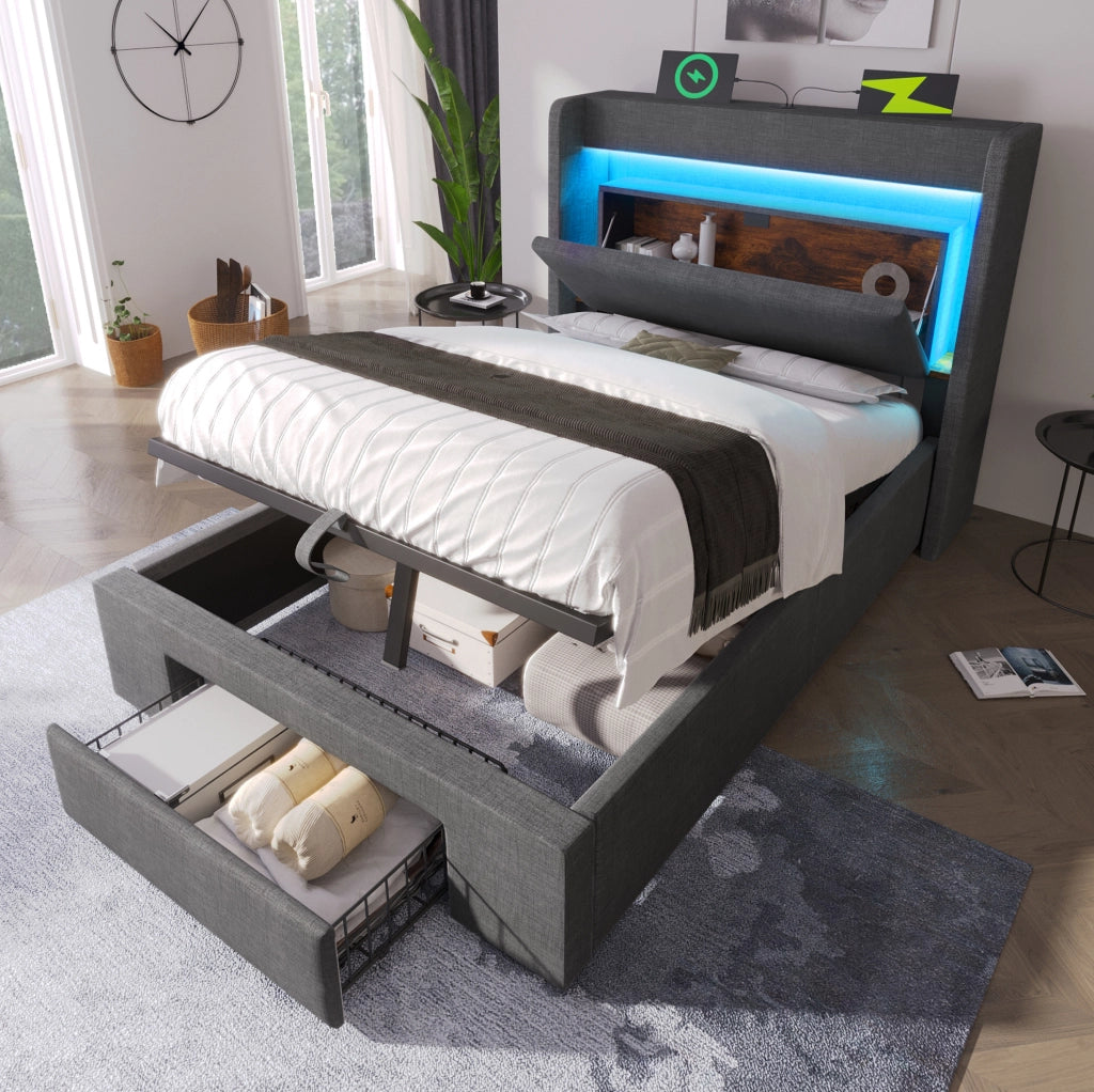 Letto imbottito 90x200 cm con contenitore idraulico; LED; USB e USB-C; grigio in lino