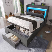 Letto imbottito 90x200 cm con contenitore idraulico; LED; USB e USB-C; grigio in lino
