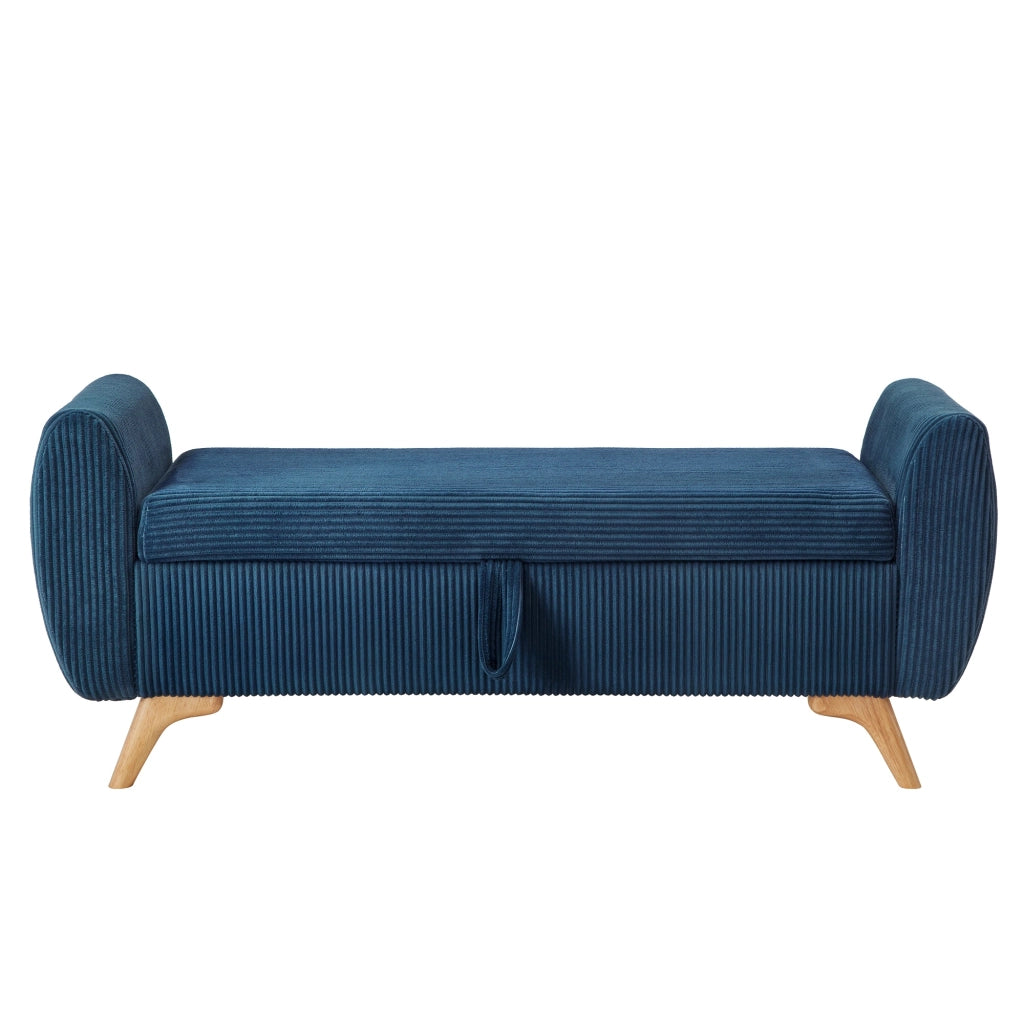Banc a contenitore pieghevole con vano portaoggetti e gambe in legno, in velluto a coste blu per camera e soggiorno