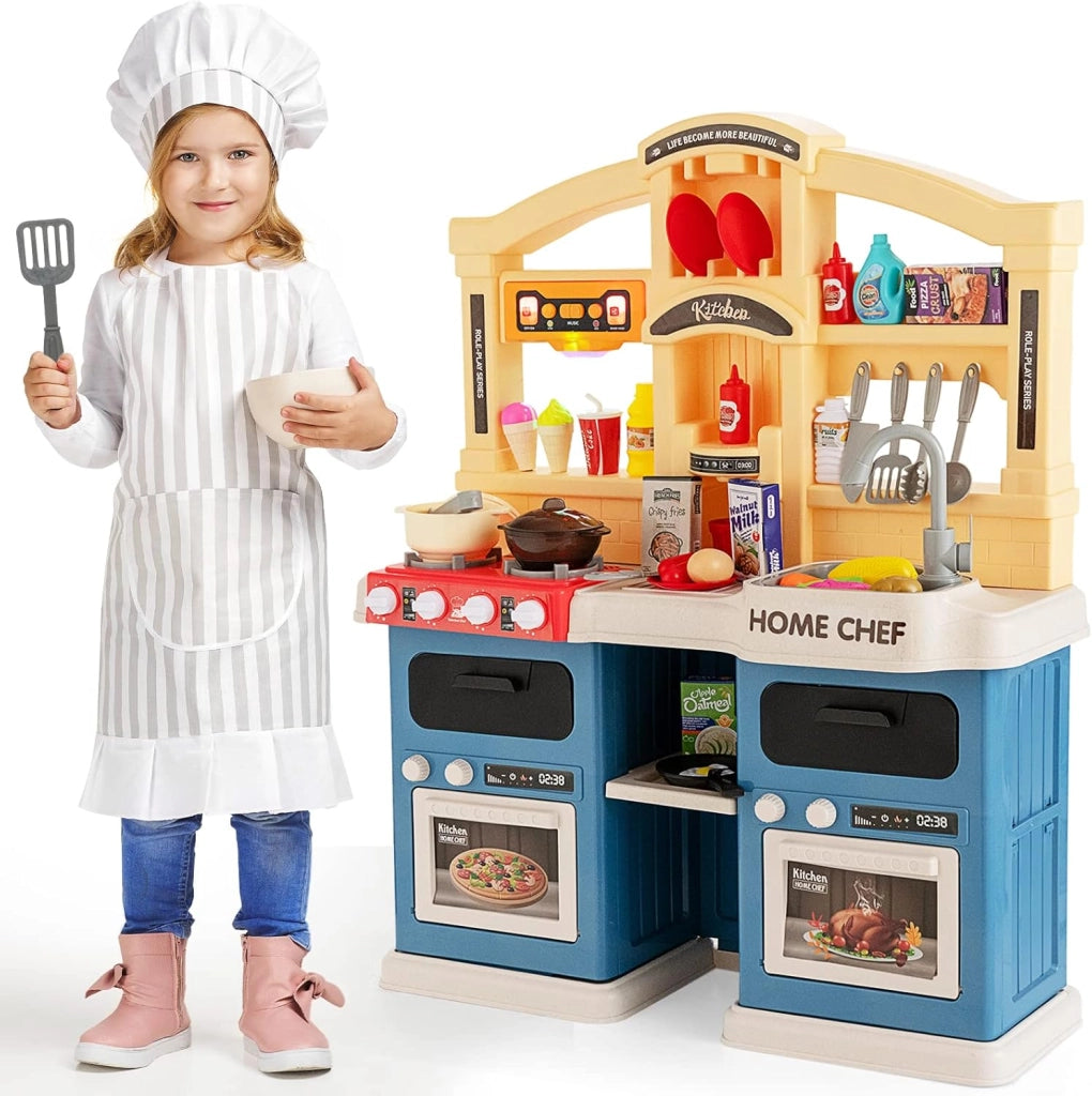 Cucina Giocattolo per Bambini, Cucina per Bambini con Forno, Microonde, Lavello e Rubinetto, Funzione Luci e Suoni, Vapore e Ebollizione, 69 Accessori, per Bambini 3+ Anni (Blu)