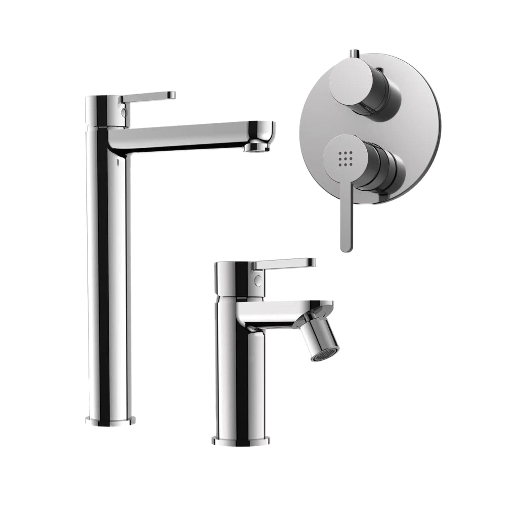 Set miscelatore lavabo alto e bidet senza scarico ed incasso doccia con deviatore in ottone cromato | Virna
