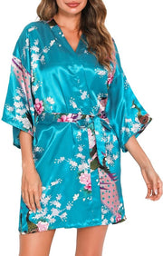 Kimono a campana in seta corta con collo V e cintura per donne (XXL, blu del mare)