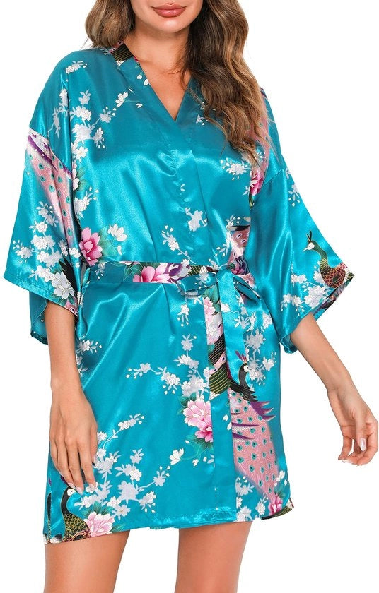 Kimono a campana in seta corta con collo V e cintura per donne (XXL, blu del mare)