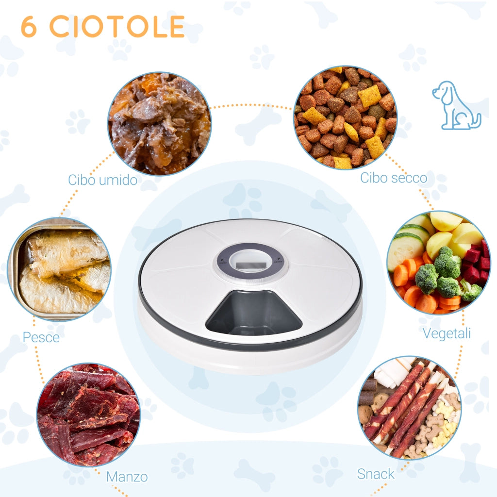 EasyComfort Distributore Automatico Cibo Cani e Gatti, 6 Pasti Ciotole con Timer e Display LED a Batterie, Dispenser Cibo per Piccoli Animali con Musica