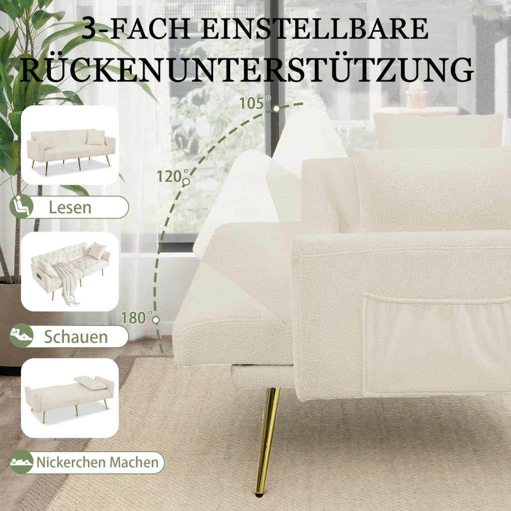 Divano a 2 posti con schienale regolabile a 3 posizioni, cuscini coordinati, in tessuto teddy beige