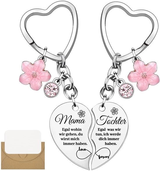 Set di chiavi a forma di cuore - Set madre/figlia - Disegno di fiori - Regalo per la mamma - Giorno della mamma - Incluso cartoncino vuoto - Set di chiavistelli