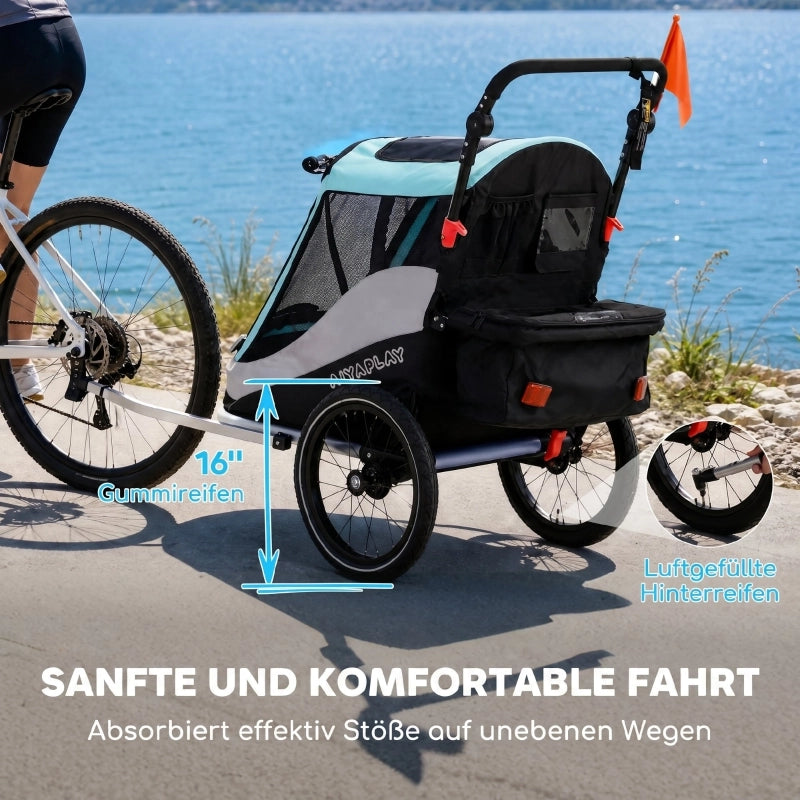 RIMORCHIO BAMBINI 2 in 1 pieghevole con 5 punti Light Blue in alluminio