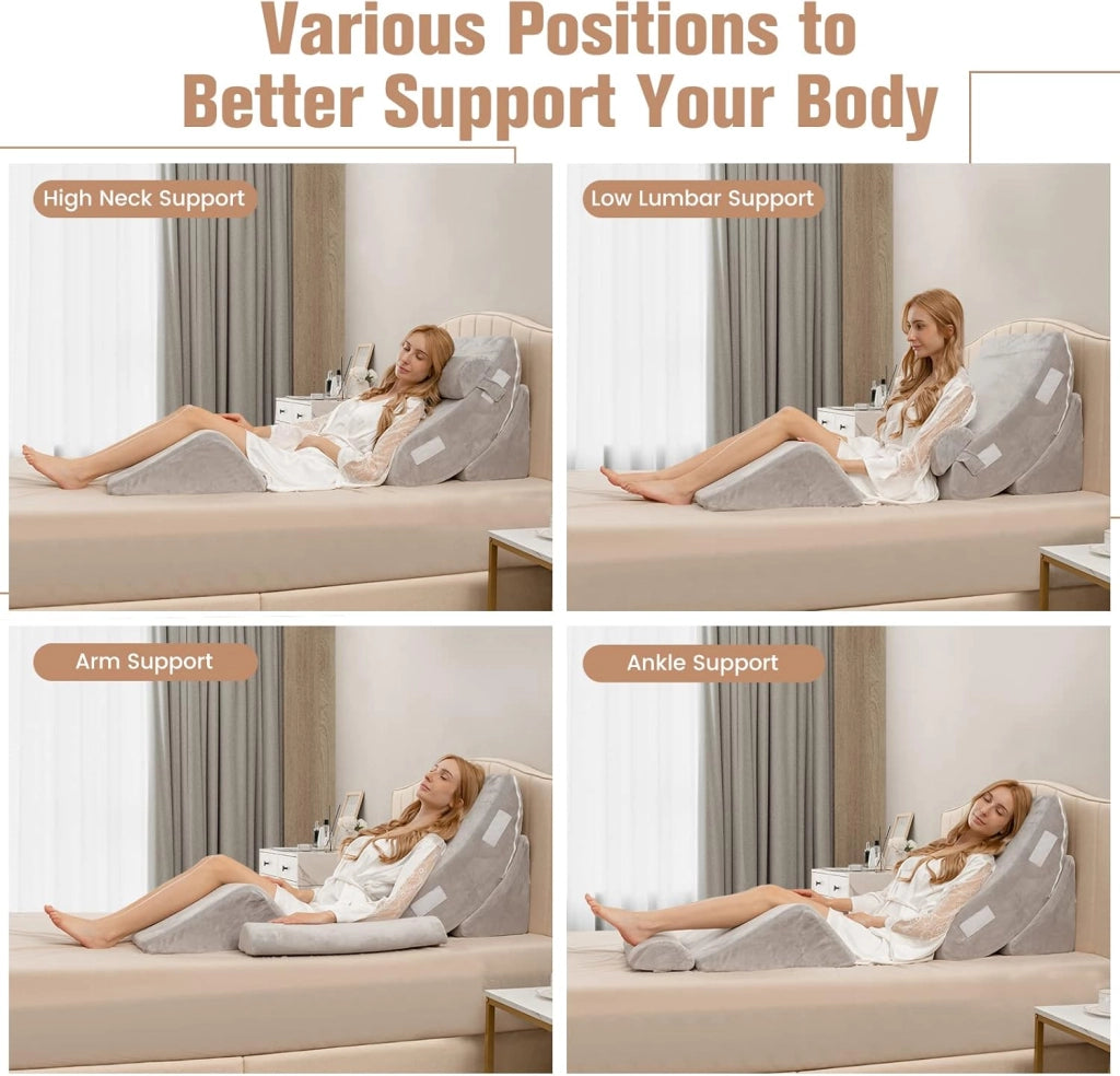 Set di 4 Cuscini a Cuneo per Letto, Cuscini Regolabili in Memory Foam con Fodere Lavabili, Cuscino Multiuso per Dormire da Lettura, Grigio