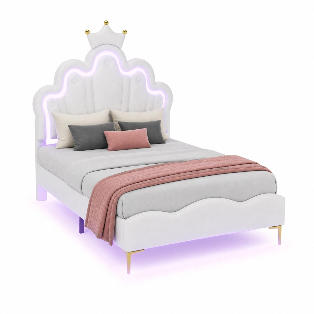 Letto imbottito 90x200 cm con LED; testiera a corona in PU bianco e altezza regolabile