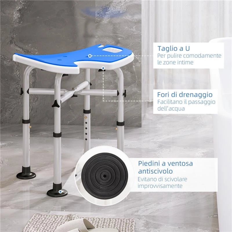 SGABELLO DA DOCCIA REGOLABILE IN ALTEZZA CON MANIGLIONE, SEDUTA IMBOTTITA A U E PIEDINI ANTISCIVOLO, BLU