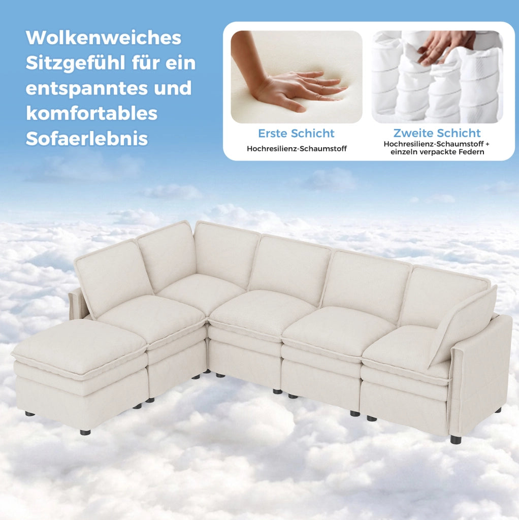 Divano modulare 6 posti in ciniglia beige con pouf