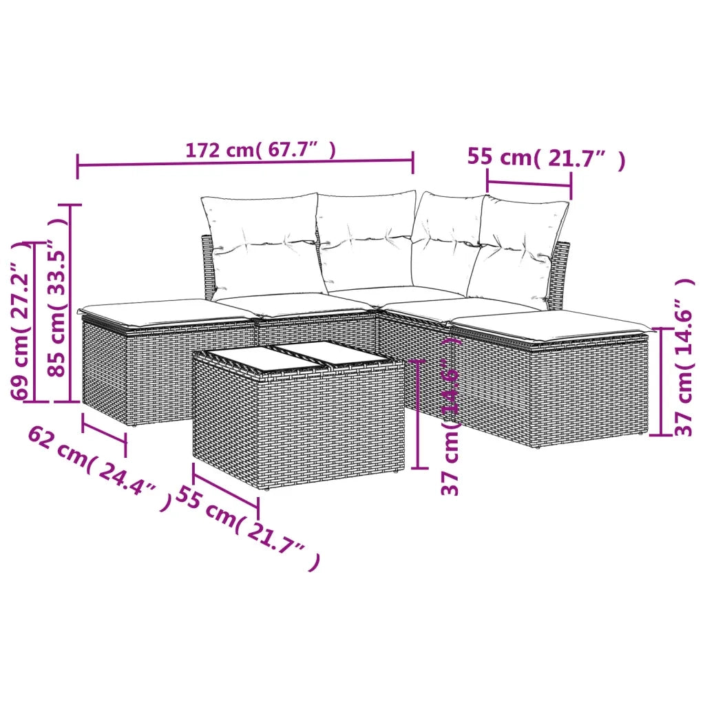 Set Divano da Giardino 6 pz | Set Salotto da Giardino con Cuscini Nero in Polyrattan