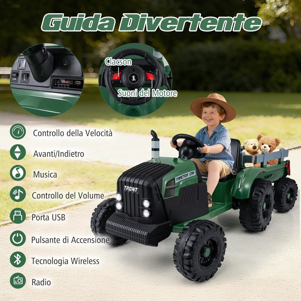 24V Trattore Elettrico per Bambini, Veicolo con Rimorchio Staccabile, Telecomando, Musica, Porta USB, Partenza Morbida, Fari LED, per Bambini 3-8 Anni (Verde)