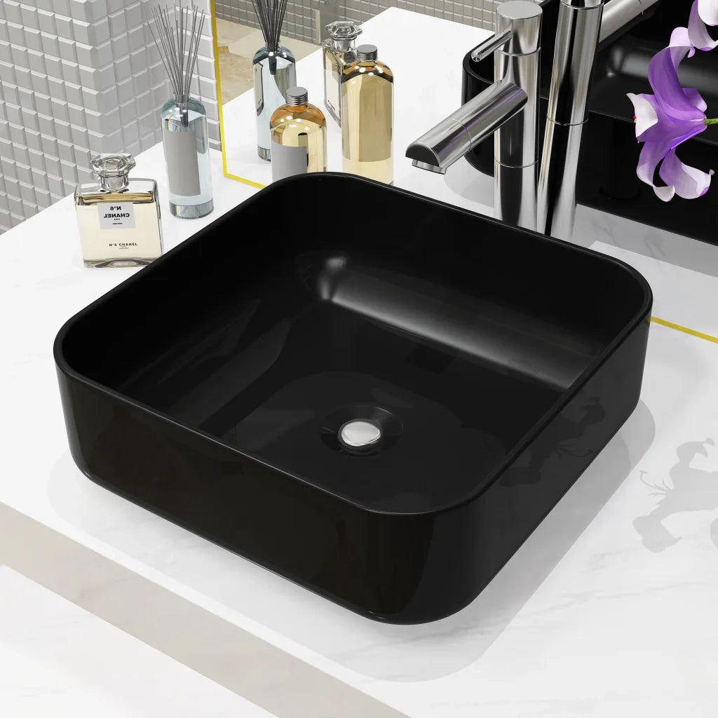 Lavandino Quadrato in Ceramica-Lavabo-Lavello Nero 38x38x13,5 cm