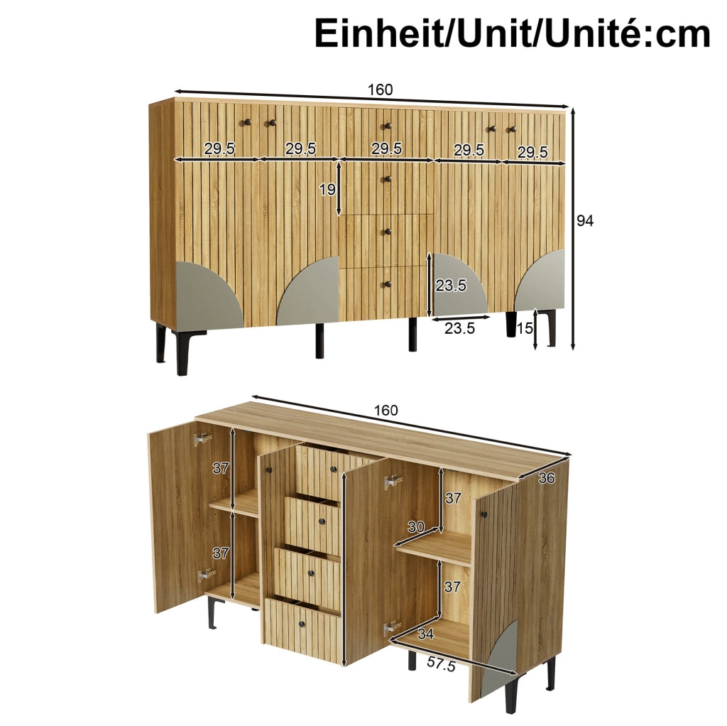 Credenza 160x36x94 cm con 4 ante e 4 cassetti in pannello di particelle naturale