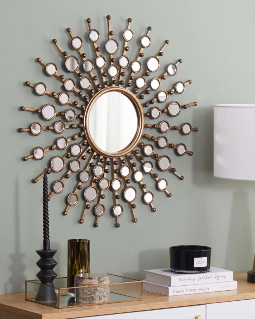 Specchio da Parete Dorato 70 cm Rotondo a Forma di Sole Glamour Vintage Hollywood Finitura Lucida