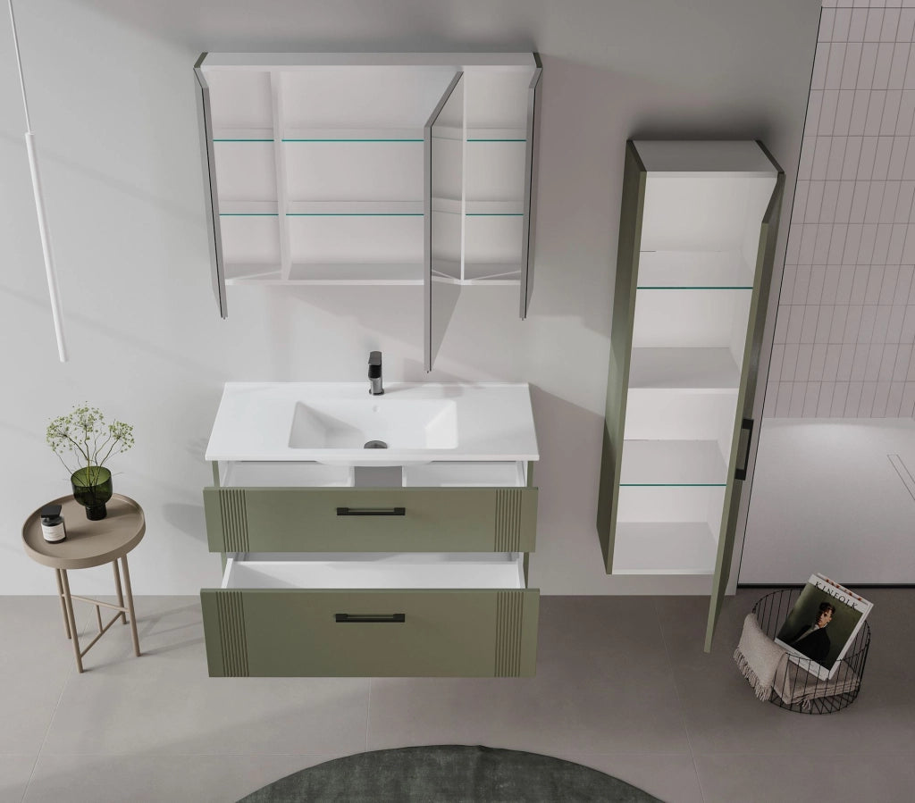 Set mobile lavabo con specchio (2 pezzi) "Bari 100 v2" - 100 x 45 x 55 cm - Verde opaco
