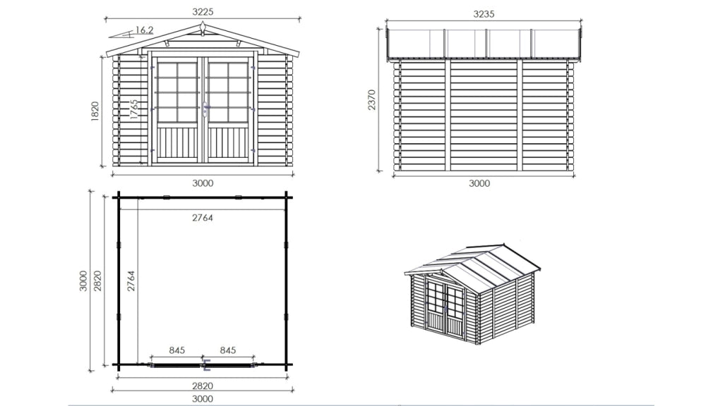 Casetta da giardino in legno - 9m2 - 3x3m - 28mm - colore: naturale - DOM664 - ALTANKA