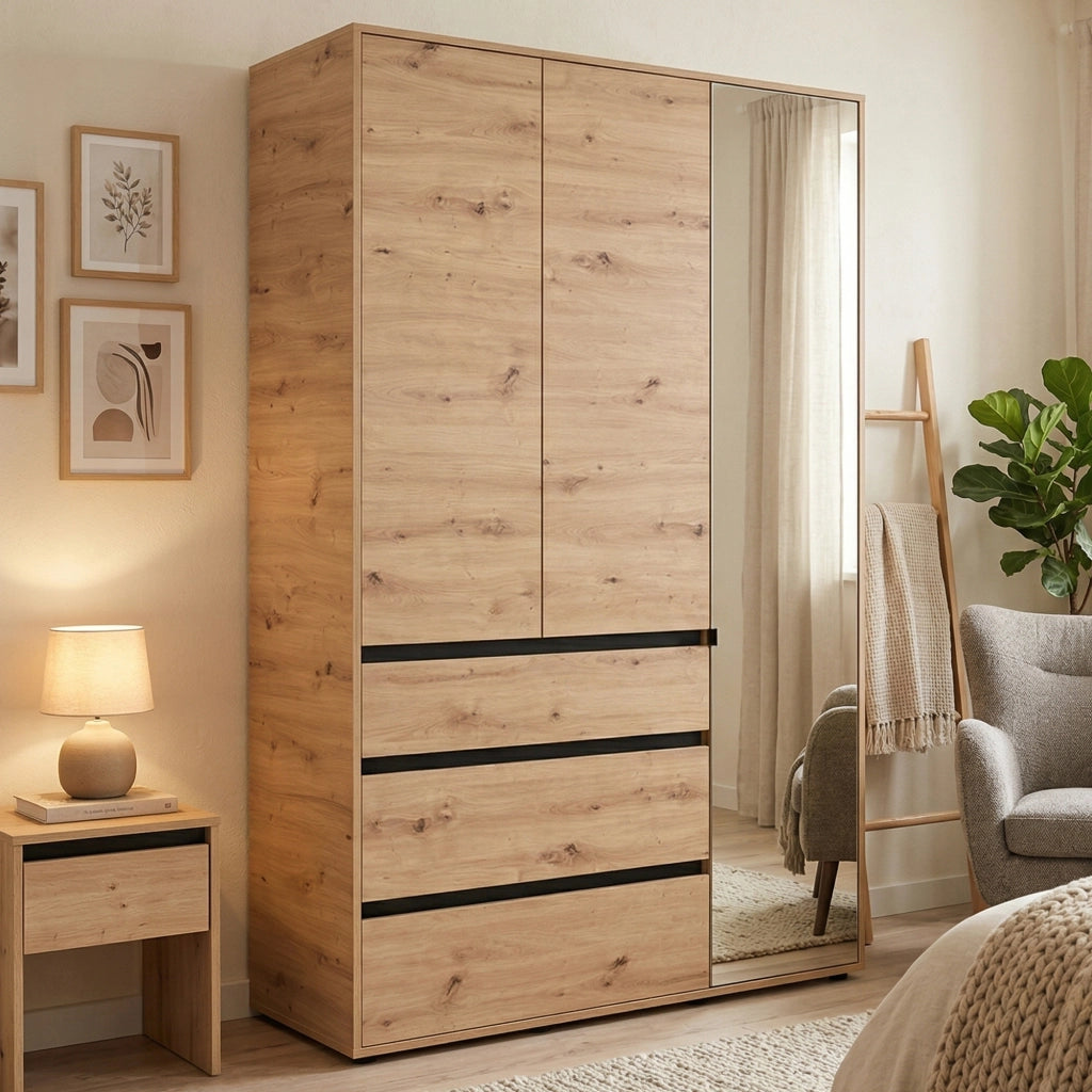 Armadio Camera da Letto Ilbonoo, Guardaroba 3 Ante Appendiabiti, 138x55 cm Marrone Rovere Nodi