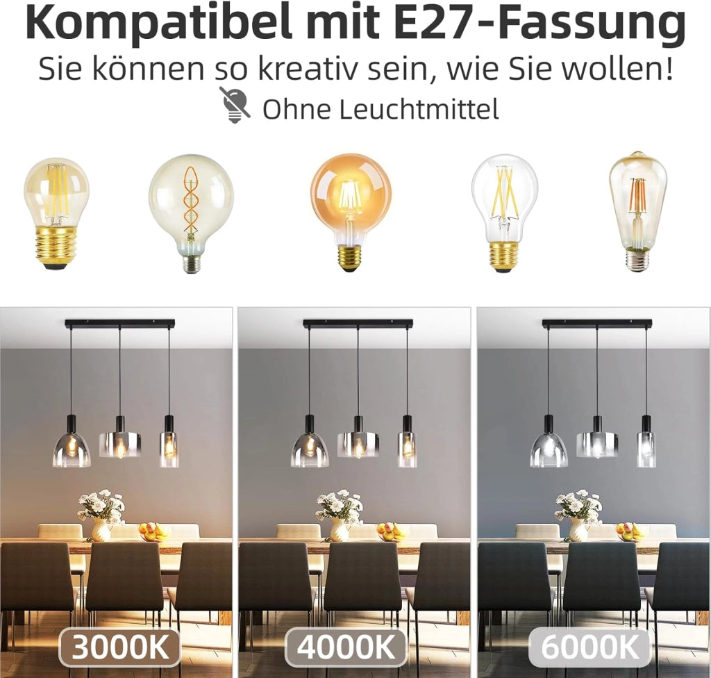 Lampada a sospensione ZMH per sala da pranzo 3 fiamme E27 grigio fumo 180CM Lampada a sospensione per scale