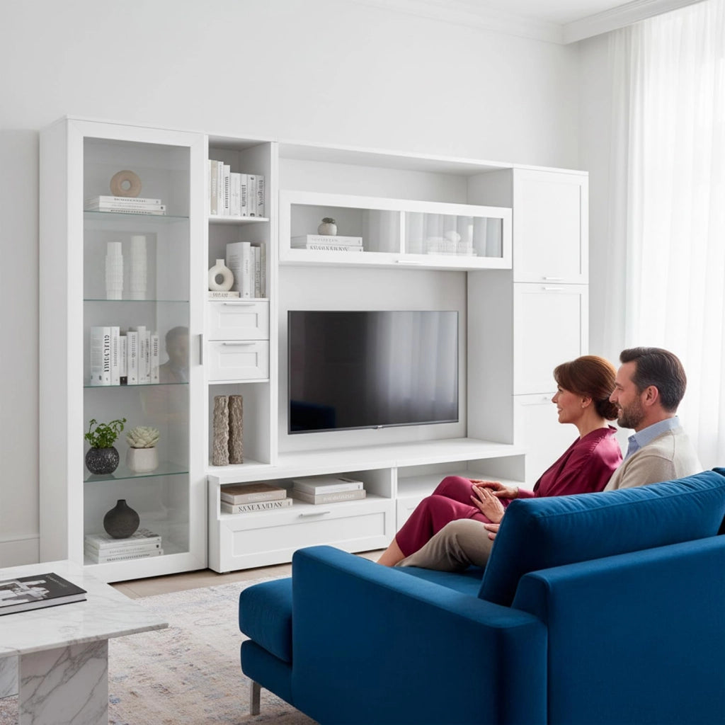Parete Attrezzata Soggiorno Con Vetrina 6 Ante Battenti E 3 Ribalte Ampio Mobile Porta TV Con Ripiani In Design Moderno Per Zona Living Elegante Funzionale Minimal 300 X 50 X 215 Cm Bianco