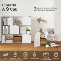 Libreria a Cubi con 6 Sezioni Aperte e 3 Chiuse, in Legno Bianco, 106x24x95 cm