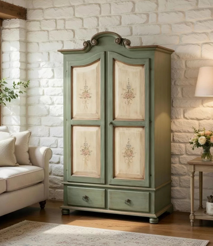 Armadio in legno shabby verde avorio e filo ecru' 122x60x204 (1313) - Mobili 2G