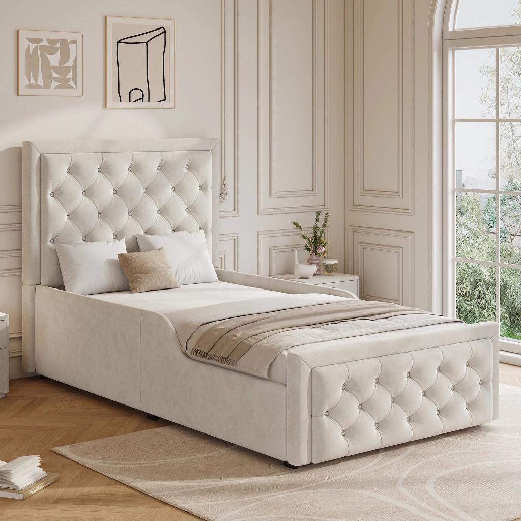 Letto Contenitore Singolo Imbottito ¨C MINIMAL ¨C Velluto Beige 90x200 con Rete a Doghe e Testiera