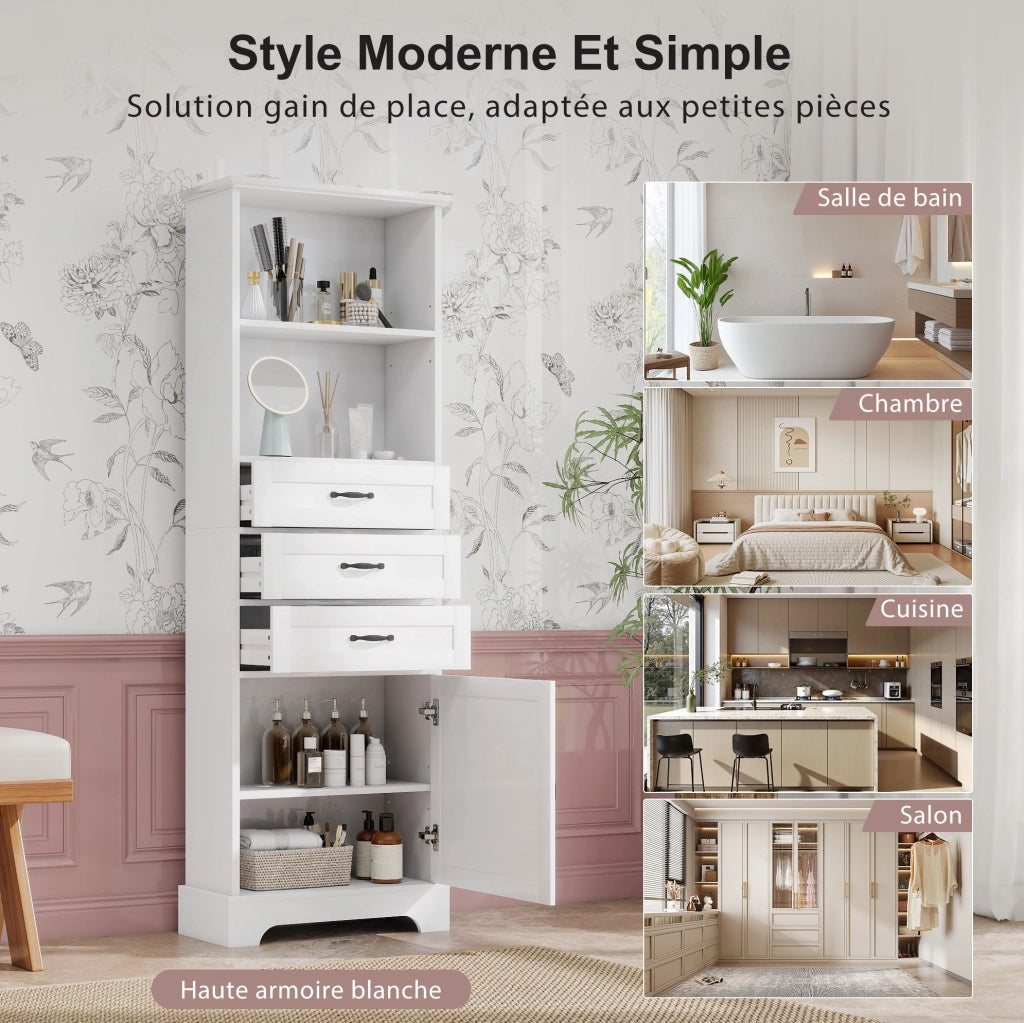 Armadio bagno bianco 56x25,6x167 cm con 3 cassetti, ripiani regolabili e design moderno